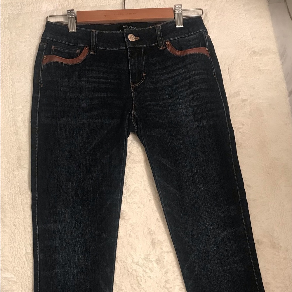 WHBM Leather Trim Denim ankle crop jeans